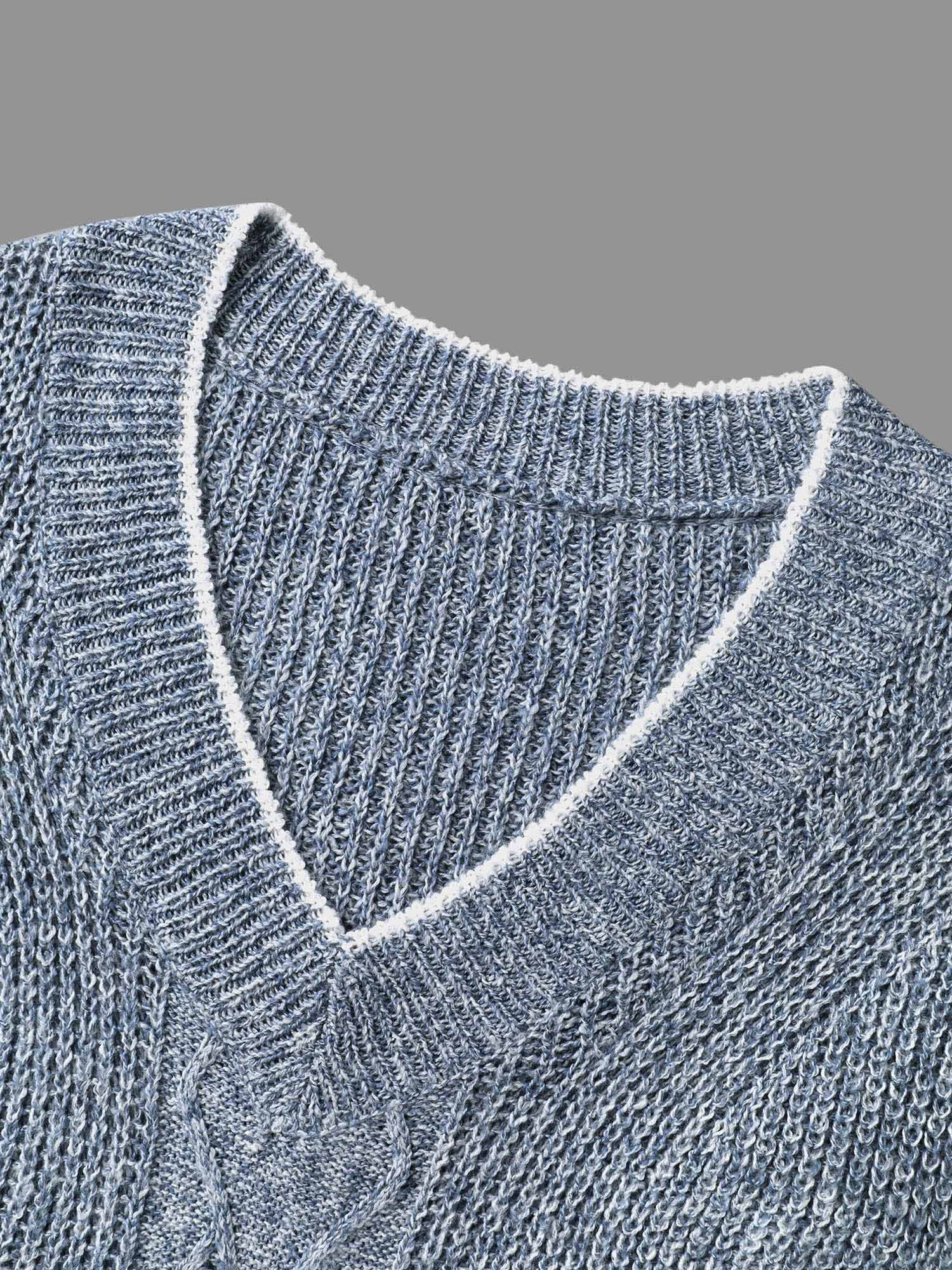 Plain Textured Contrast Trim Cable Knit Pullover