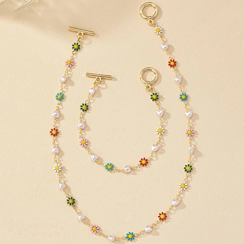 Dainty Spring Floral Pearls Bracelet and Necklace Set