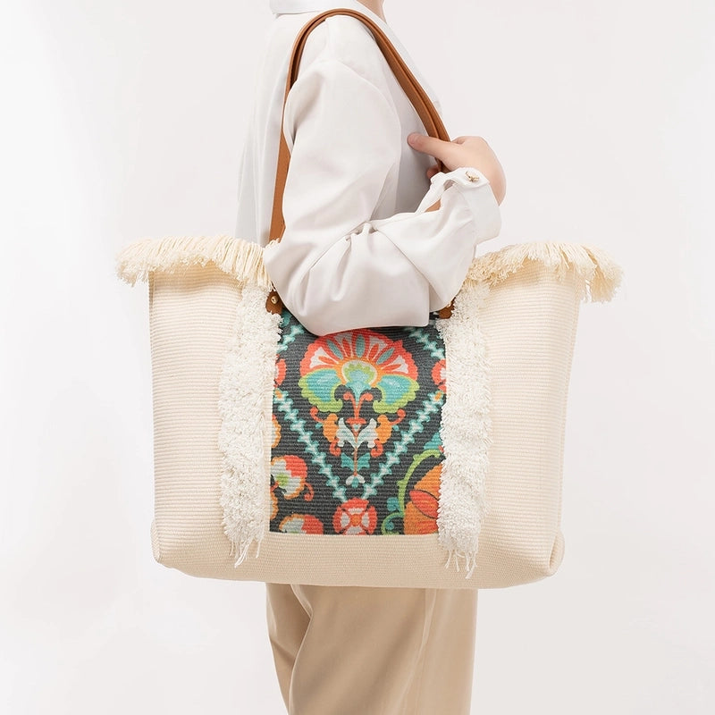 Women's Large Canvas Geometric Classic Style Square Zipper Tote Bag