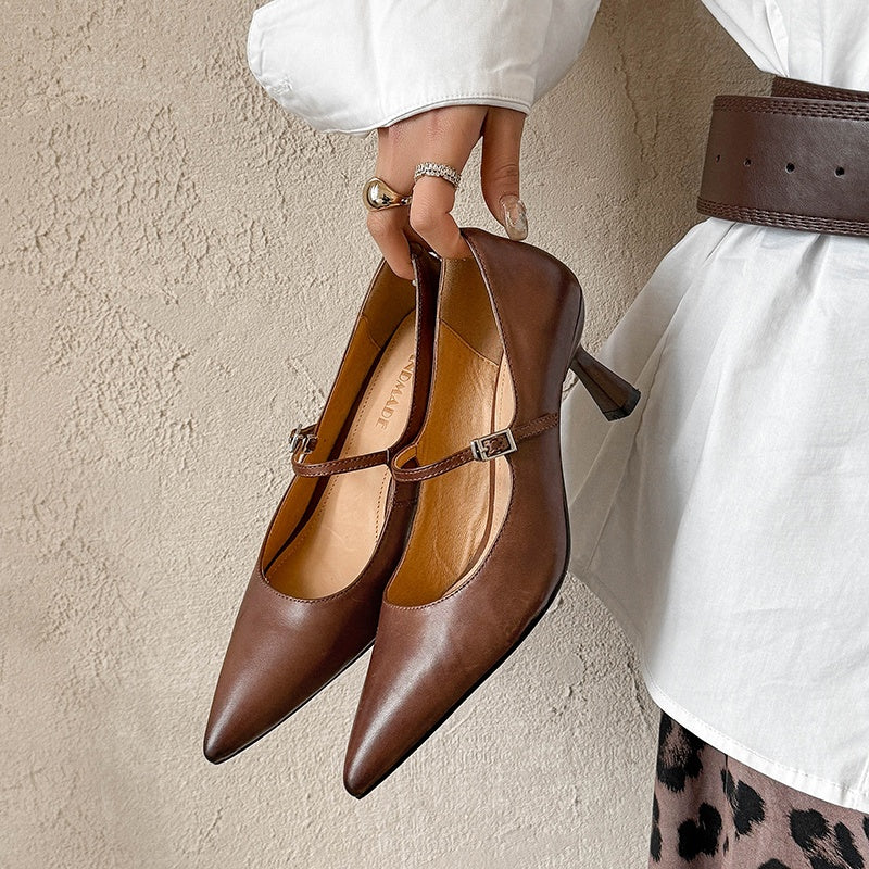 Elegant Mary Jane Pumps Pointed Toe 65mm Stiletto Leather Heels for Evening Dresses in Black/Brown/Apricot