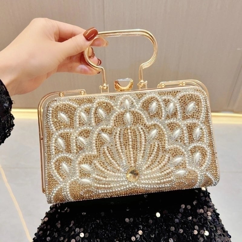 Gold Silver Black Pu Leather Solid Color Pearls Square Evening Bags