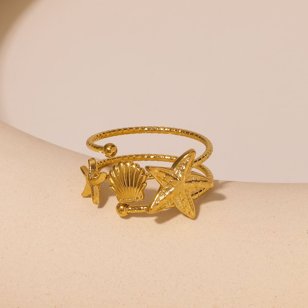 Fashionable Double-Layer Hollow Starfish Scallop Texture Matte Stainless Steel Ring For Gift