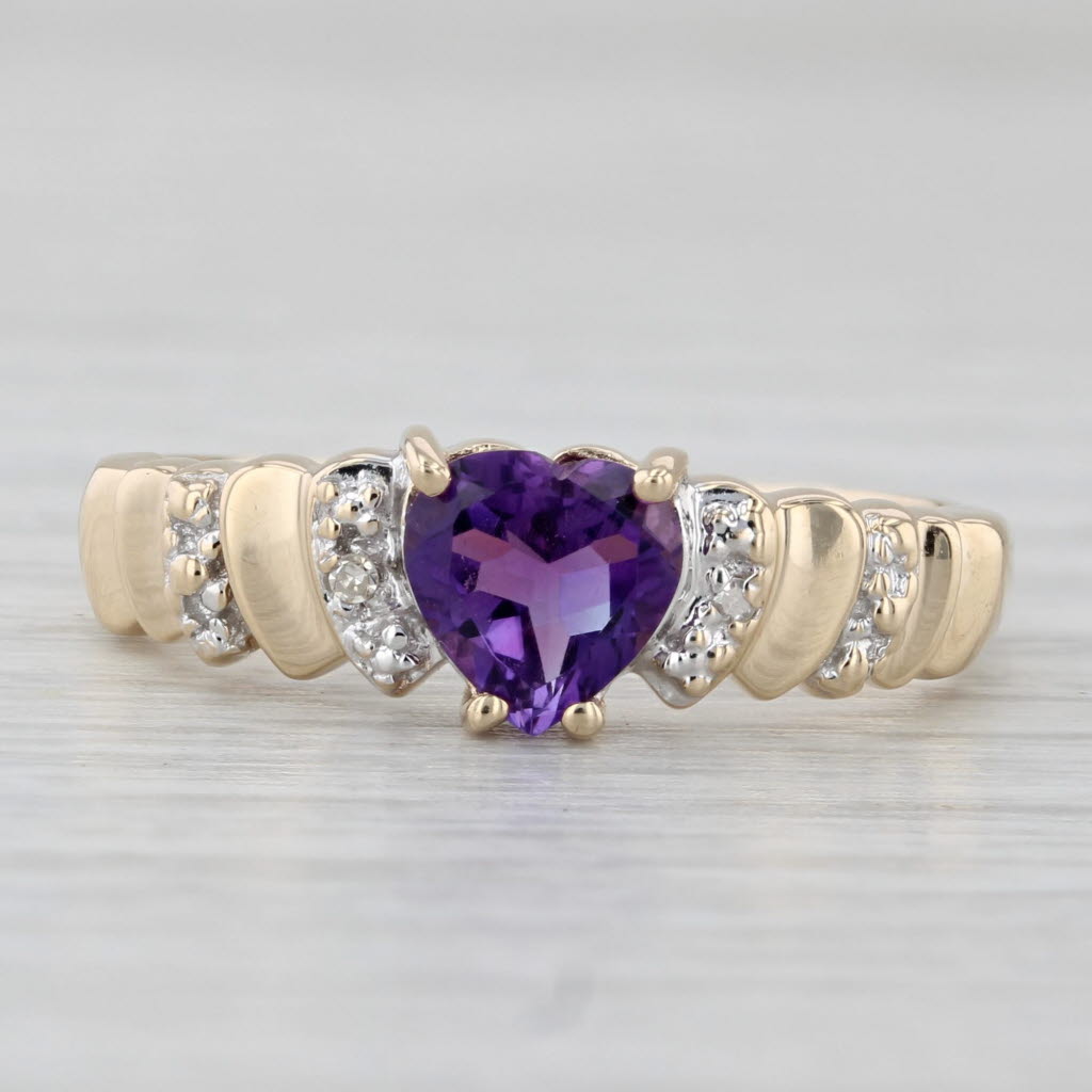 0.57ct Amethyst Heart Diamond Ring 10k Yellow Gold Size 7.5