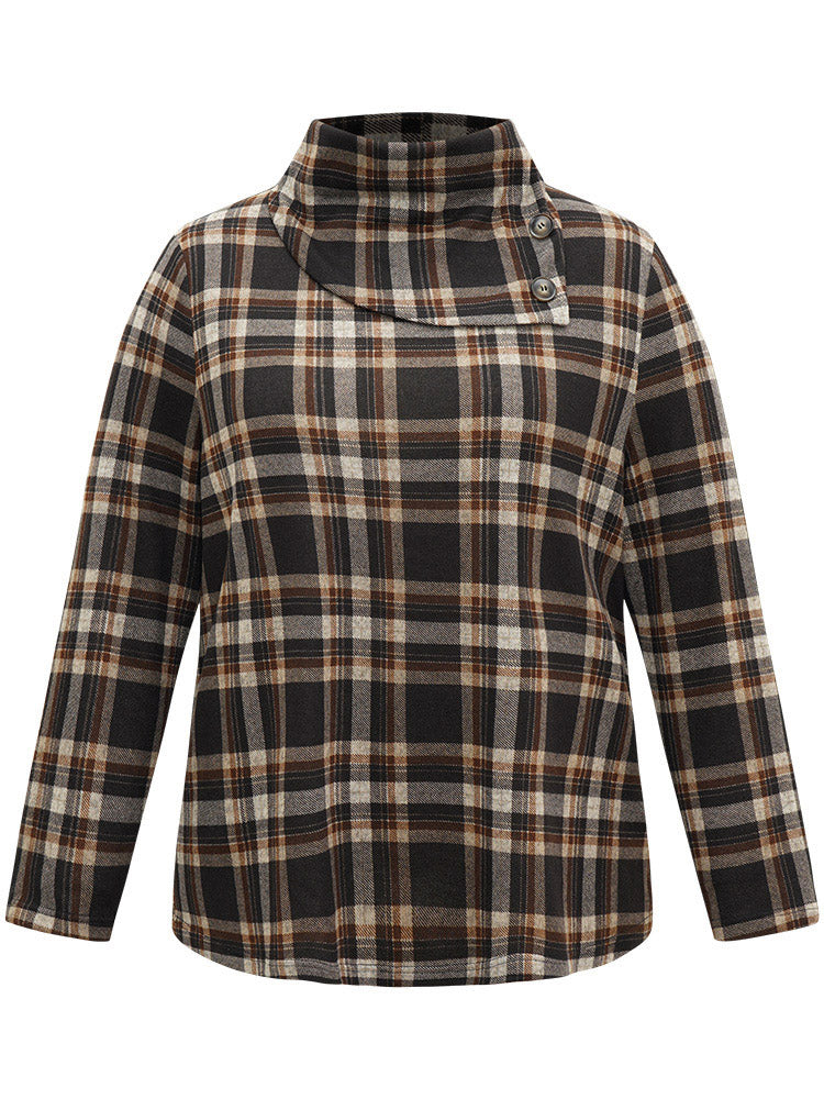 Plaid Funnel Neck Button Detail T-shirt