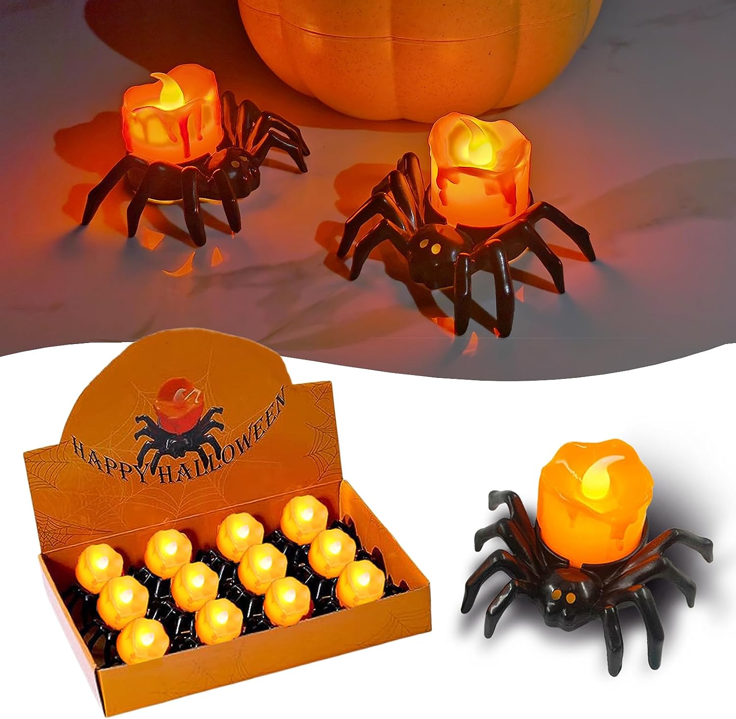 12 Pack Spider Flameless Candles. Halloween Spider Candle Lights