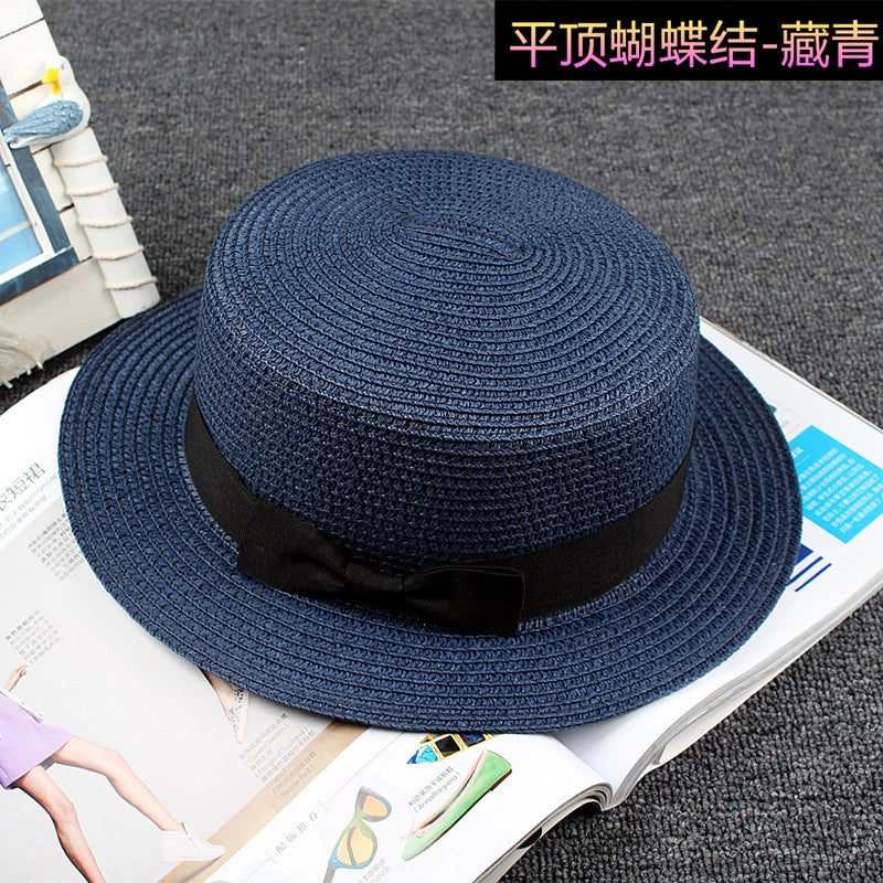 Straw Hat Sun Hat Trendy Women Summer Bow Straw Flat Top Hat