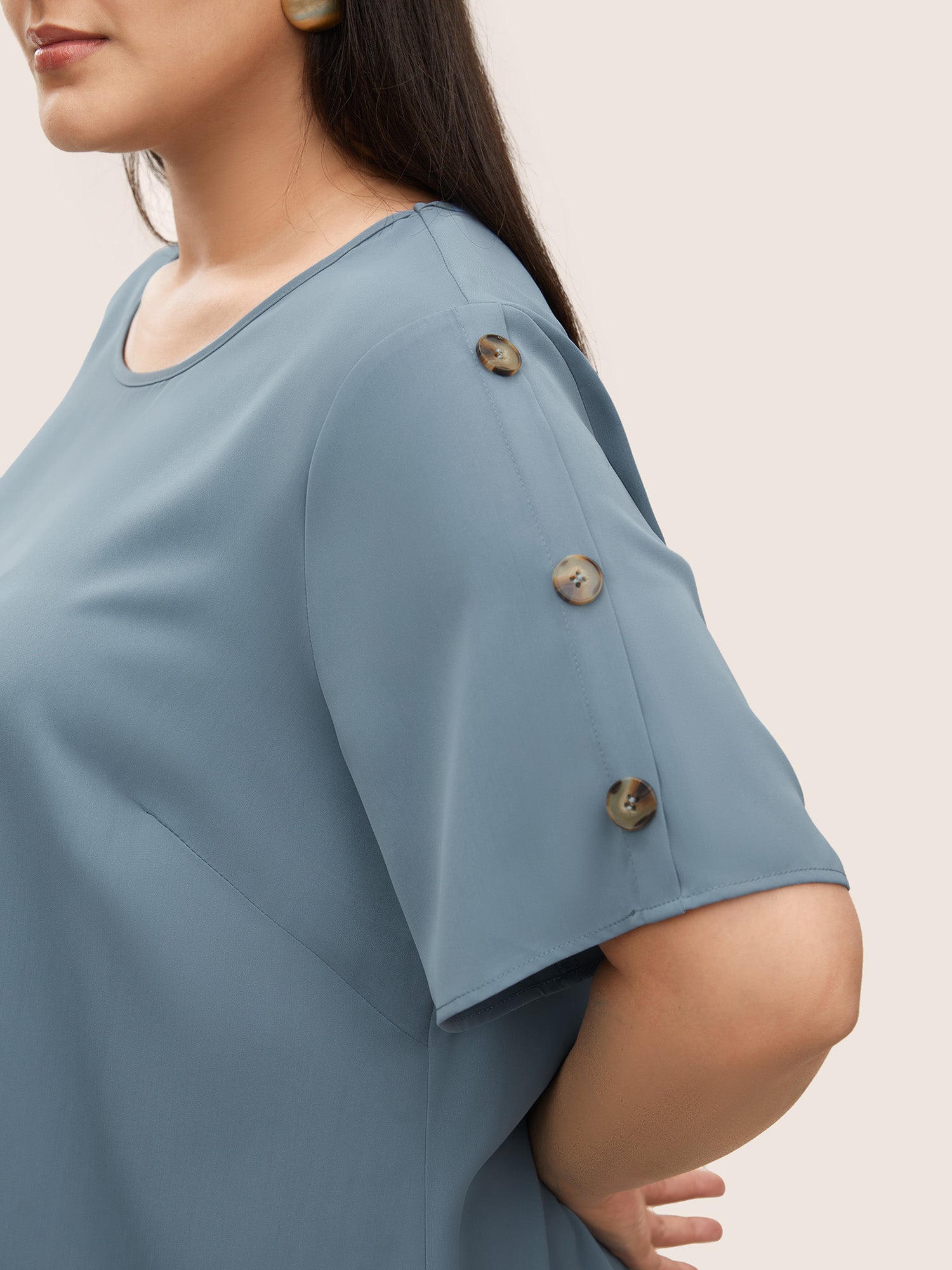 Plain Round Neck Button Detail Blouse