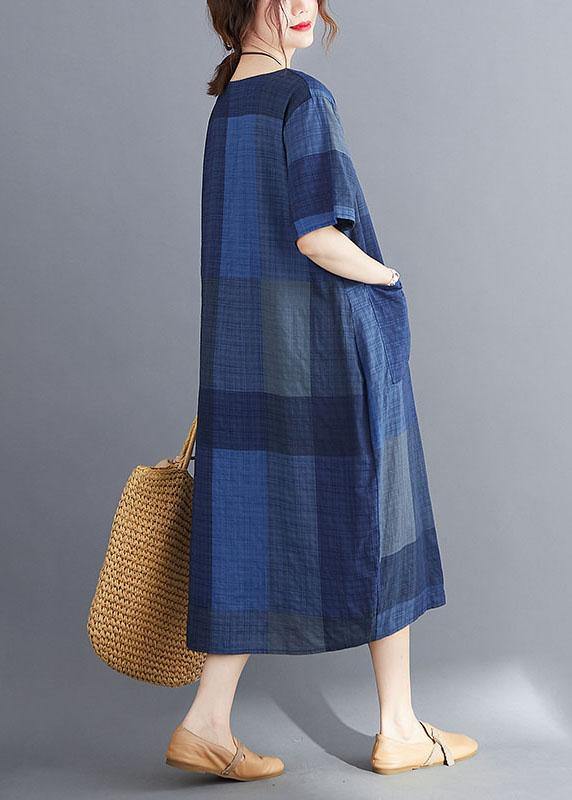 Stylish Blue O Neck Plaid Maxi Dresses Cotton Linen Summer