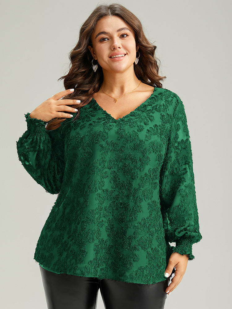 Plain Appliques Mesh V Neck Shirred Blouse