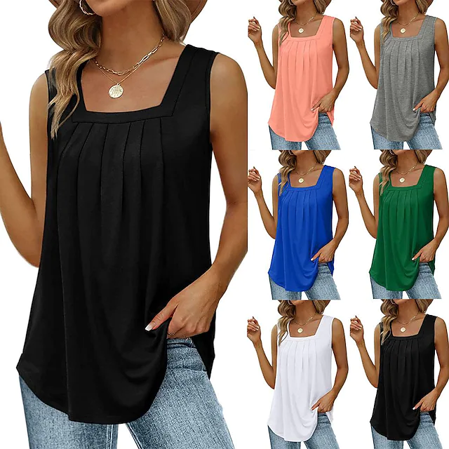 Women's Tank Pleated Solid / Plain Color Basic Square Neck Sleeveless