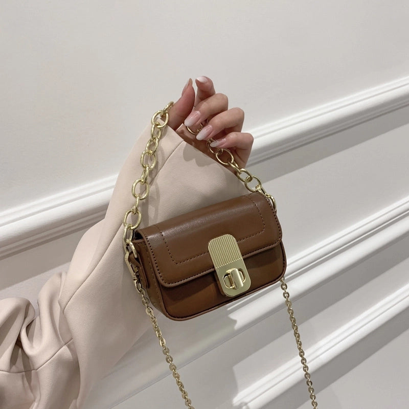 Women's Small Pu Leather Solid Color Basic Chain Square Lock Clasp Crossbody Bag