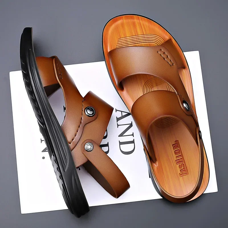 Gameglobeplanet oxford Classic  New Men's Sandals Genuine Leather Sandals for Men Outdoor Beach Slippers Leather Shoes 2024 Sandalias De Hombre