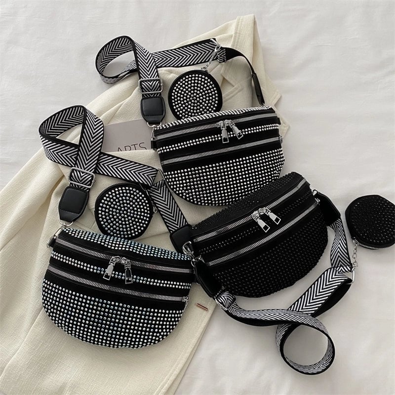 Women's Medium Pu Leather Solid Color Streetwear Rhinestone Dumpling Shape Zipper Fanny Pack