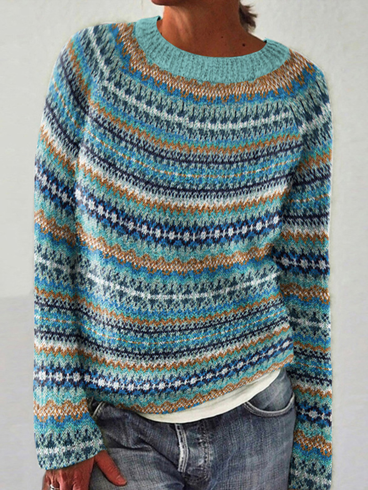 Vintage Icelandic Geometric Knit Pattern Women's Crew Neck Sweater