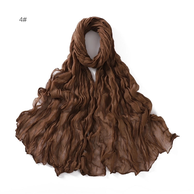 Spring And Autumn Pure Color Silk Yarn Twist Wrinkle Cotton And Linen Breathable Thin Scarf Female Cover Scarf In Stock