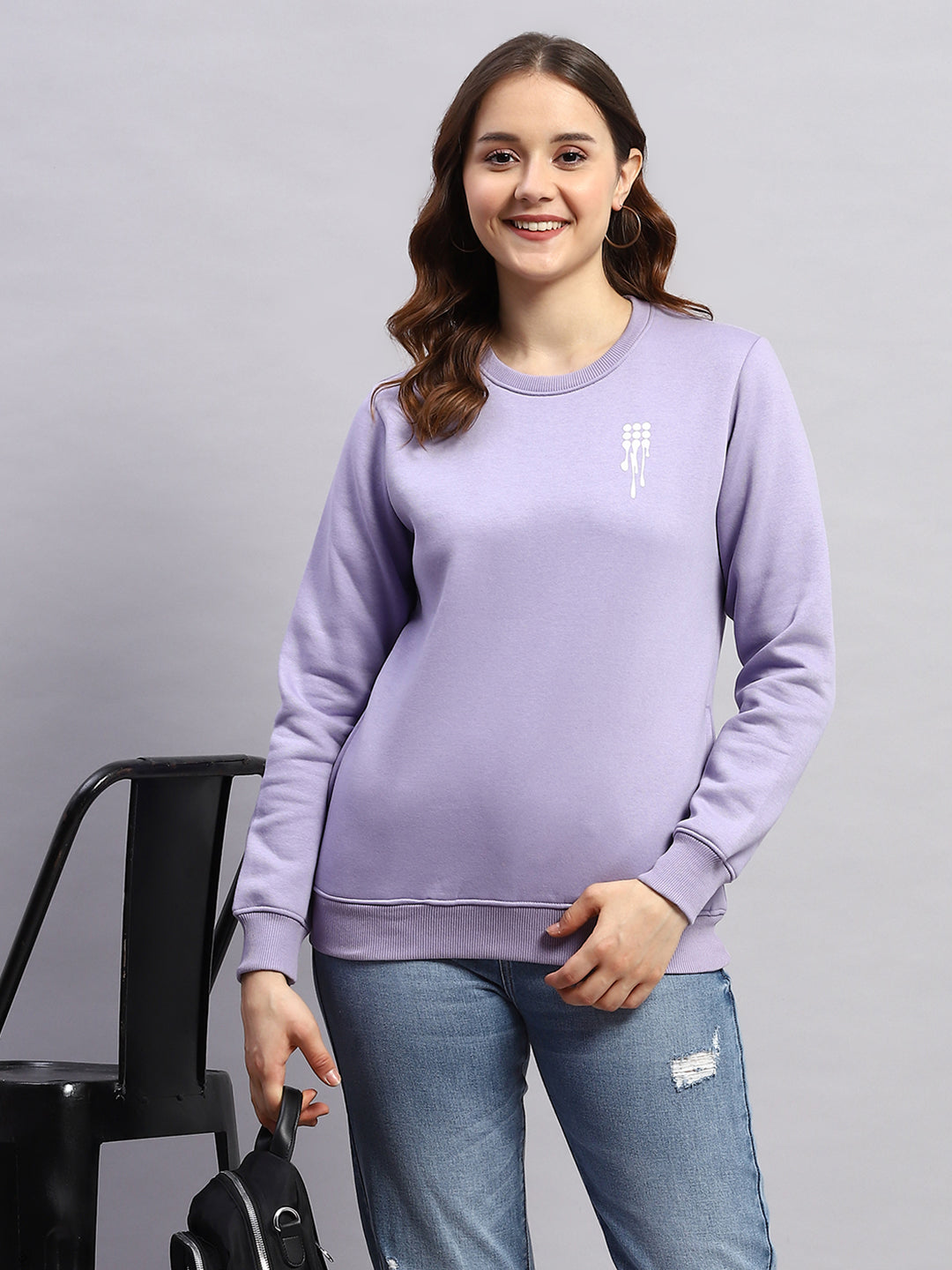 Women Purple Printed Round Neck Full Sleeve Sweatshirt