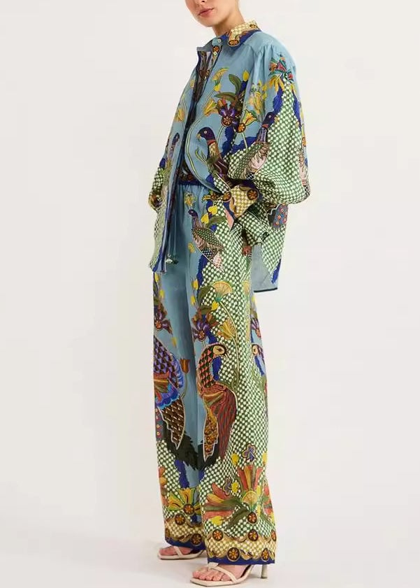 Fashion Green Peter Pan Collar Print Shirts And Wide Leg Pants Two Pieces Set Fall