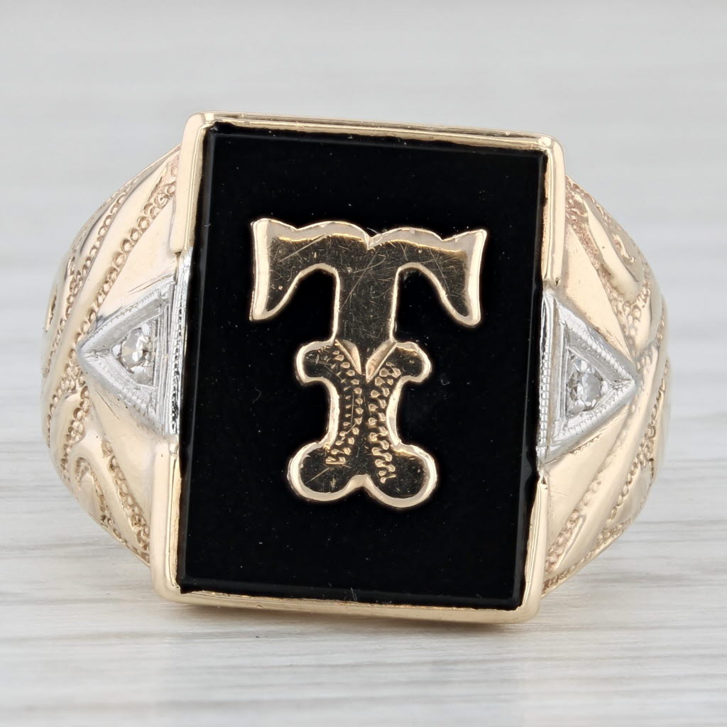Letter Initial T Onyx Diamond Signet Ring 10k Yellow Gold Ornate Men's Size 9.75
