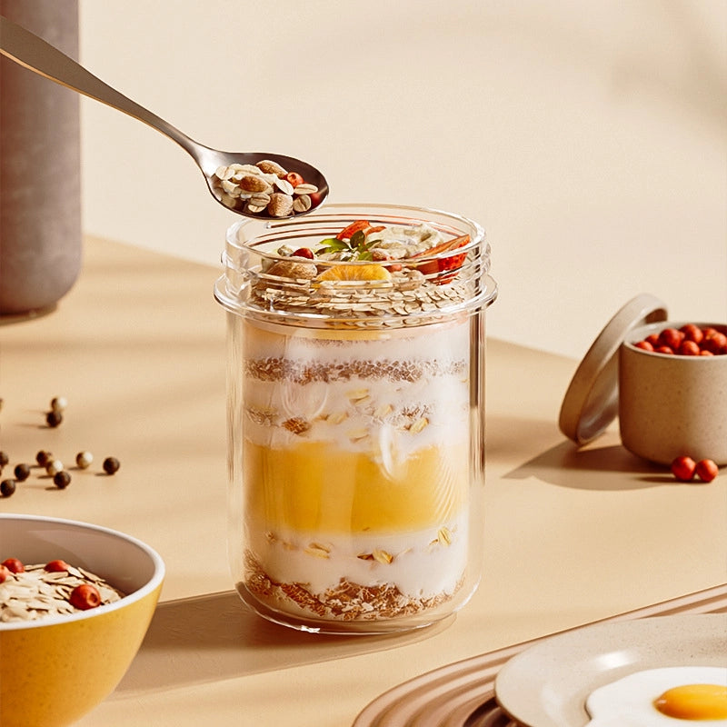 Breakfast Cup Glass Large Mouth Sealed Jar Overnight Oatmeal Cup Milkshake Cup Glass Cup With Spoon Cereal Cup Yogurt Cup