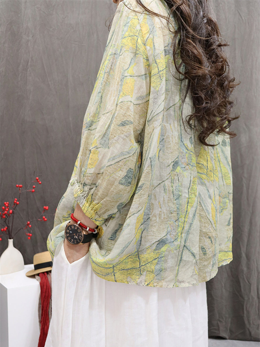 Women Summer Vintage Flower Hooded Ramie Shirt