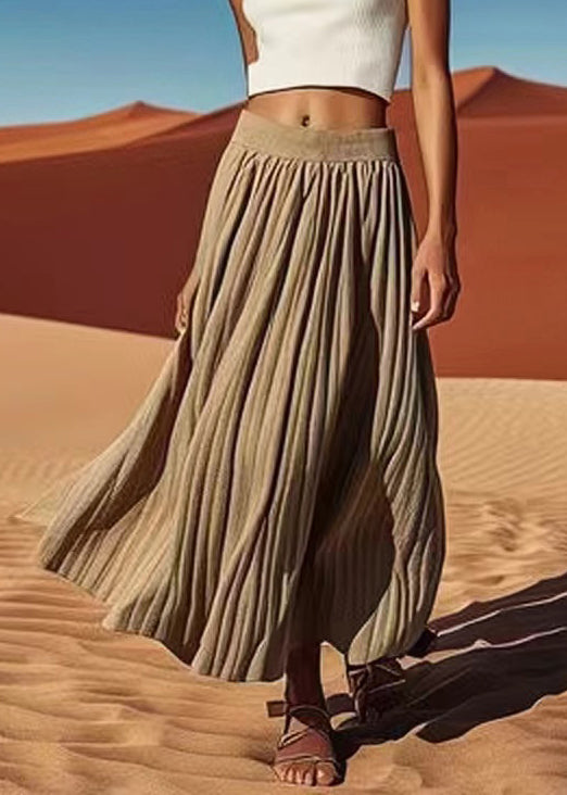 Women Grey Solid Elastic Waist Cotton Pleated Skirt Summer