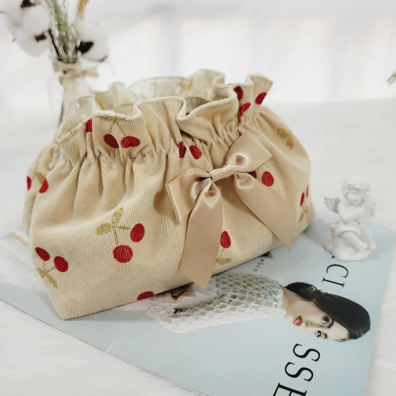 Cosmetic Bag Girls' New Large Capacity Evening Bag Travel Portable Bag Corduroy Cherry Storage Bag