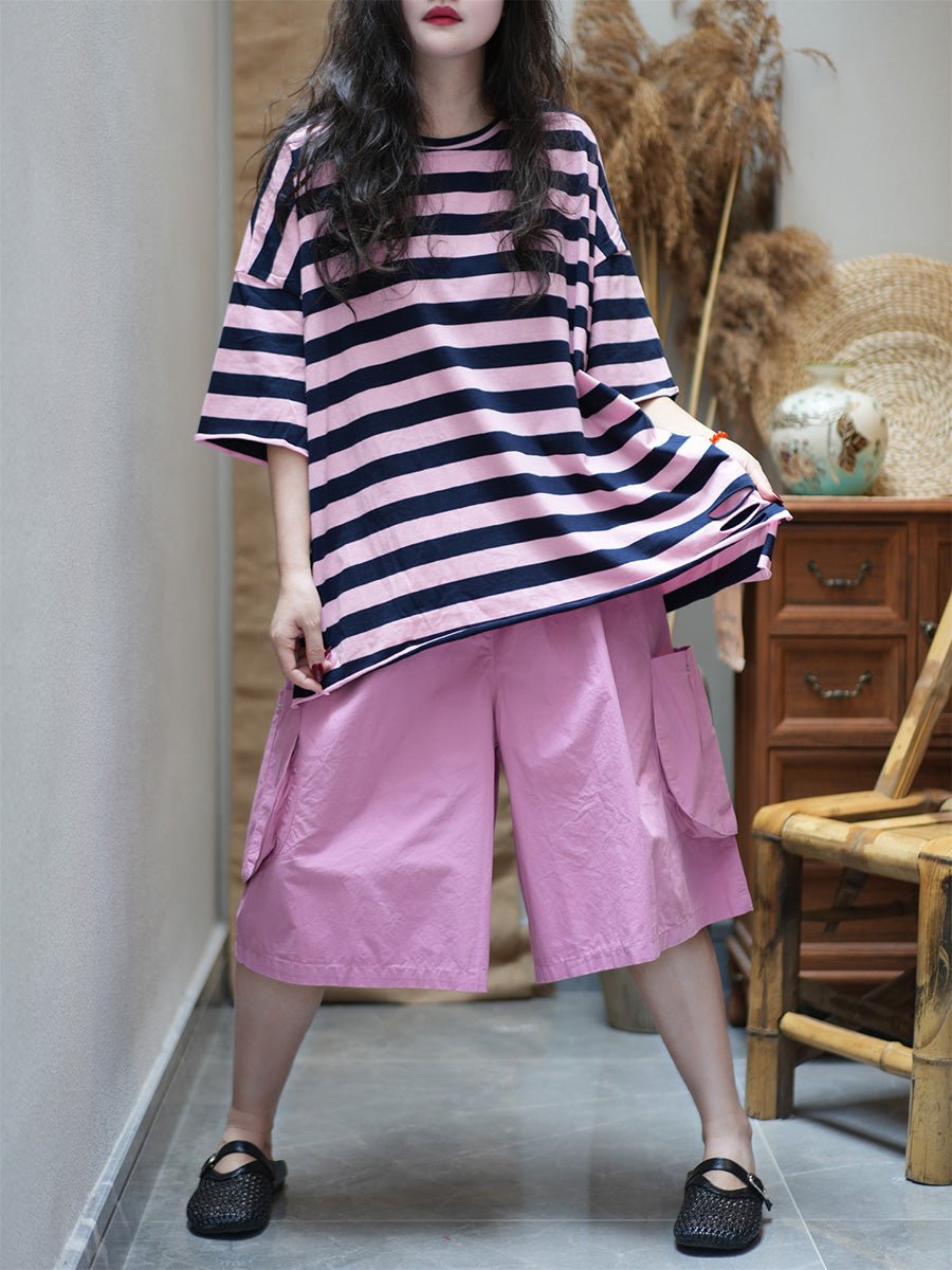 Women Summer Casual Stripe Cotton O-Neck Shirt