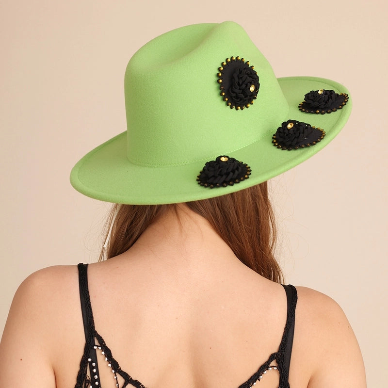 Hat Woolen Hat Ladies Solid Color Jazz Hat Flower Green Festival Felt Hat