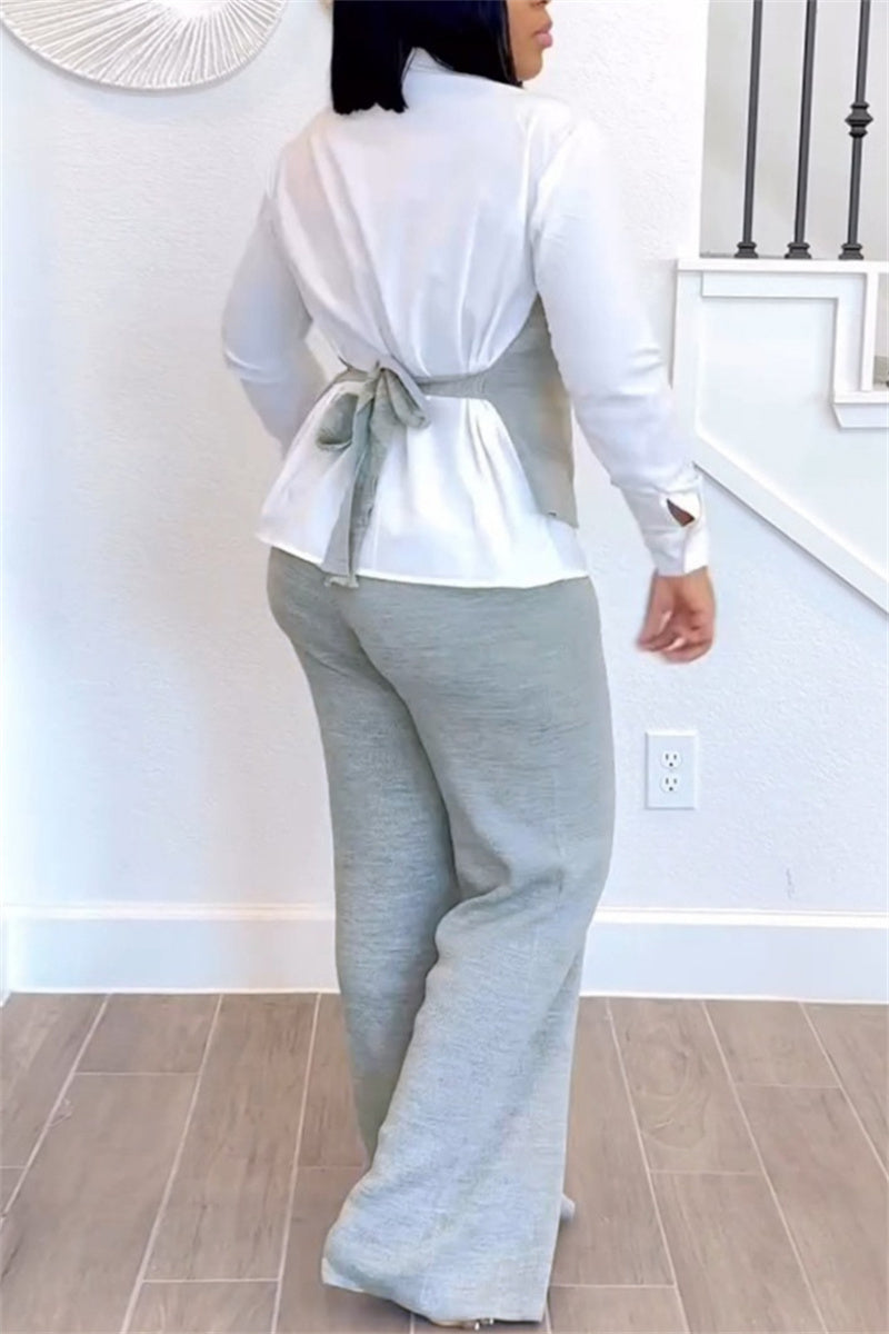 Elegant Solid Color Buttons POLO collar Long Sleeve Two Pieces