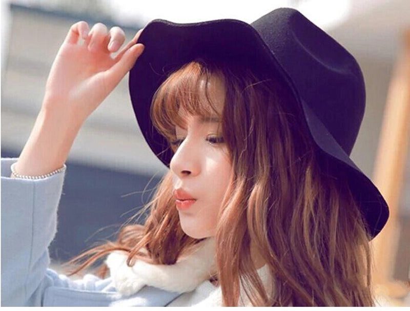 Autumn And Winter Solid Color Felt Hat Men And Women Retro Woolen Big Brim Jazz Hat Black Hat Big Along Fashion Hat