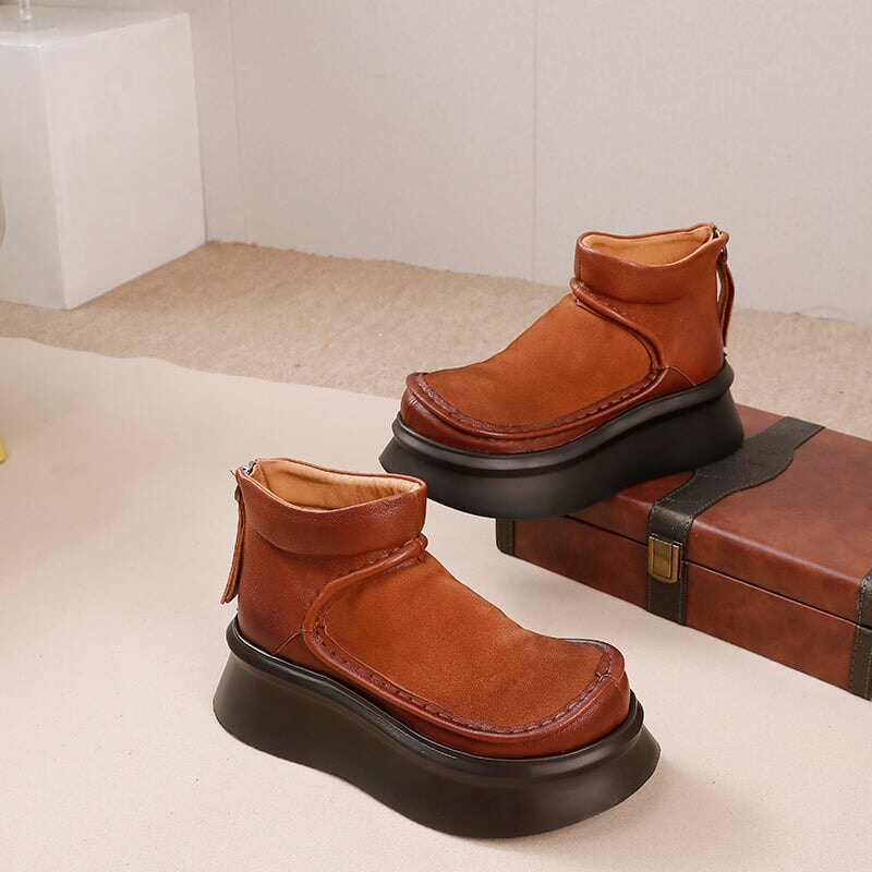 Retro Genuine Leather Platform Short Boots For Women Round Toe in Black/Brown