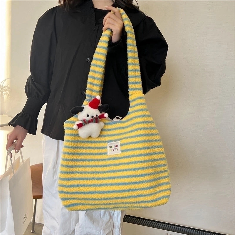 Women's Fleece Stripe Classic Style Square Magnetic Buckle Shoulder Bag
