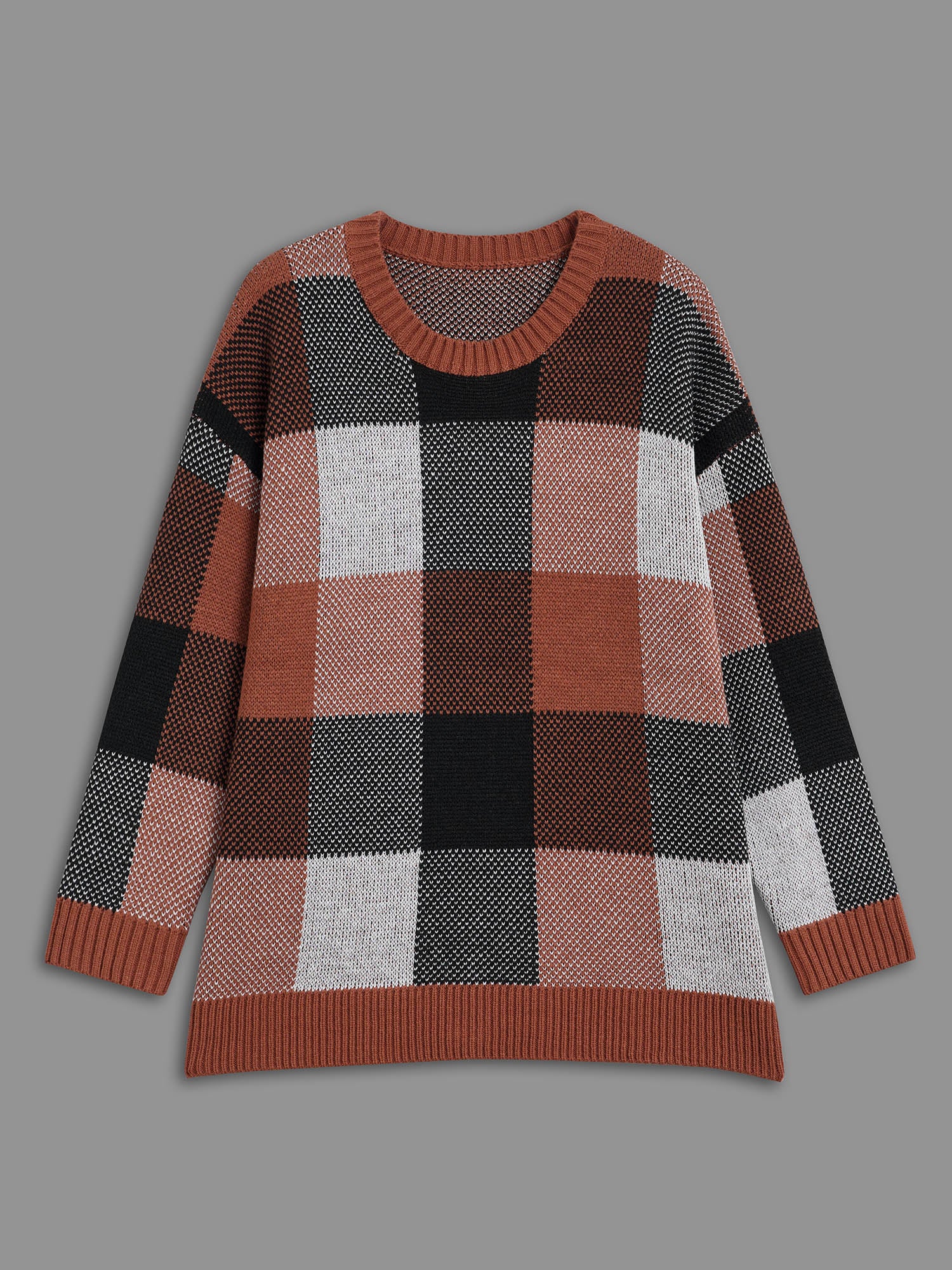 Plaid Contrast Slit Hem Pullover