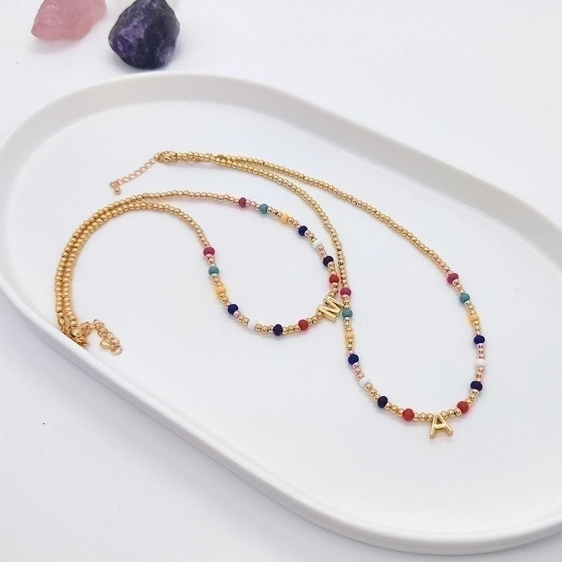 Ig Style Minimalist Letter Glass Copper Beaded Knitting Plating 18k Gold Plated Necklace