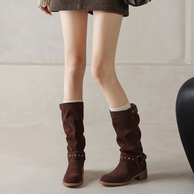 Belted Suede?Leather Riding Boots Low Block Heel Mid Calf Boots in Black/Brown/Green