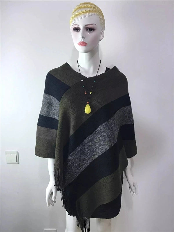 Women's Wear Tassel Pullover Midi Knitted Cloak Women's Winter Fashion Shawl Striped Sweater Coat