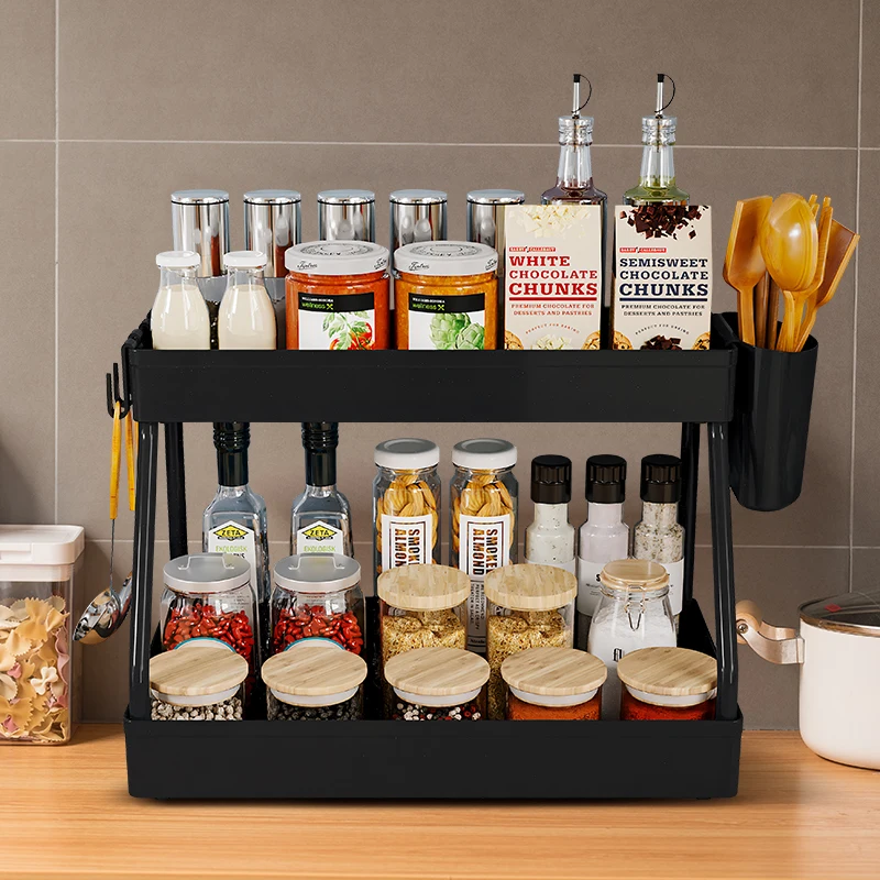 Kitchen 2 Tier Under The Sink Cabinet Organizer Table Spice Seasoning Storage Drawer Rack With Hooks