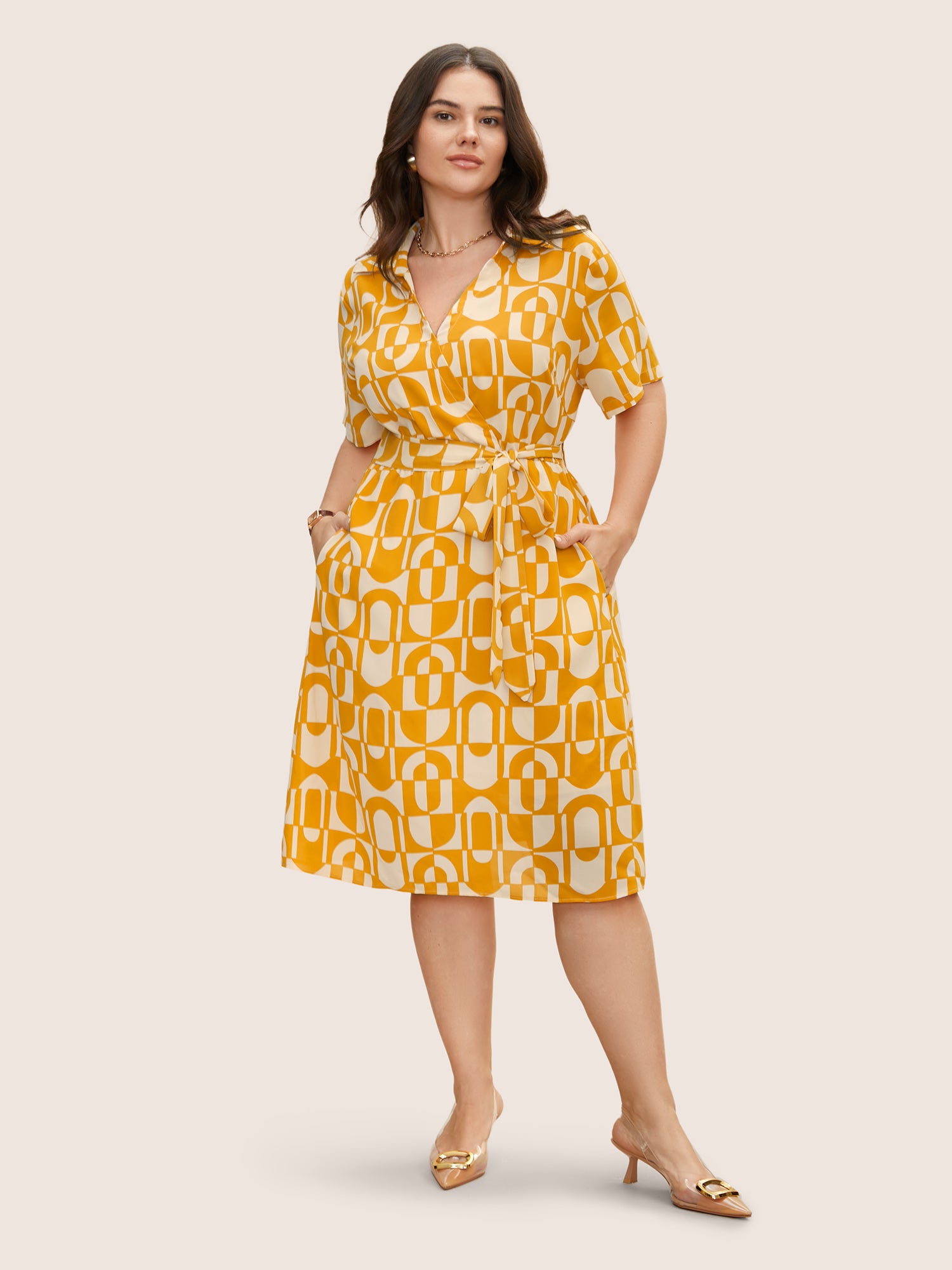 Overlap Collar Geometric Belted Midi Dress