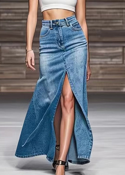 Modern Blue Front Open High Waist Skirts Summer