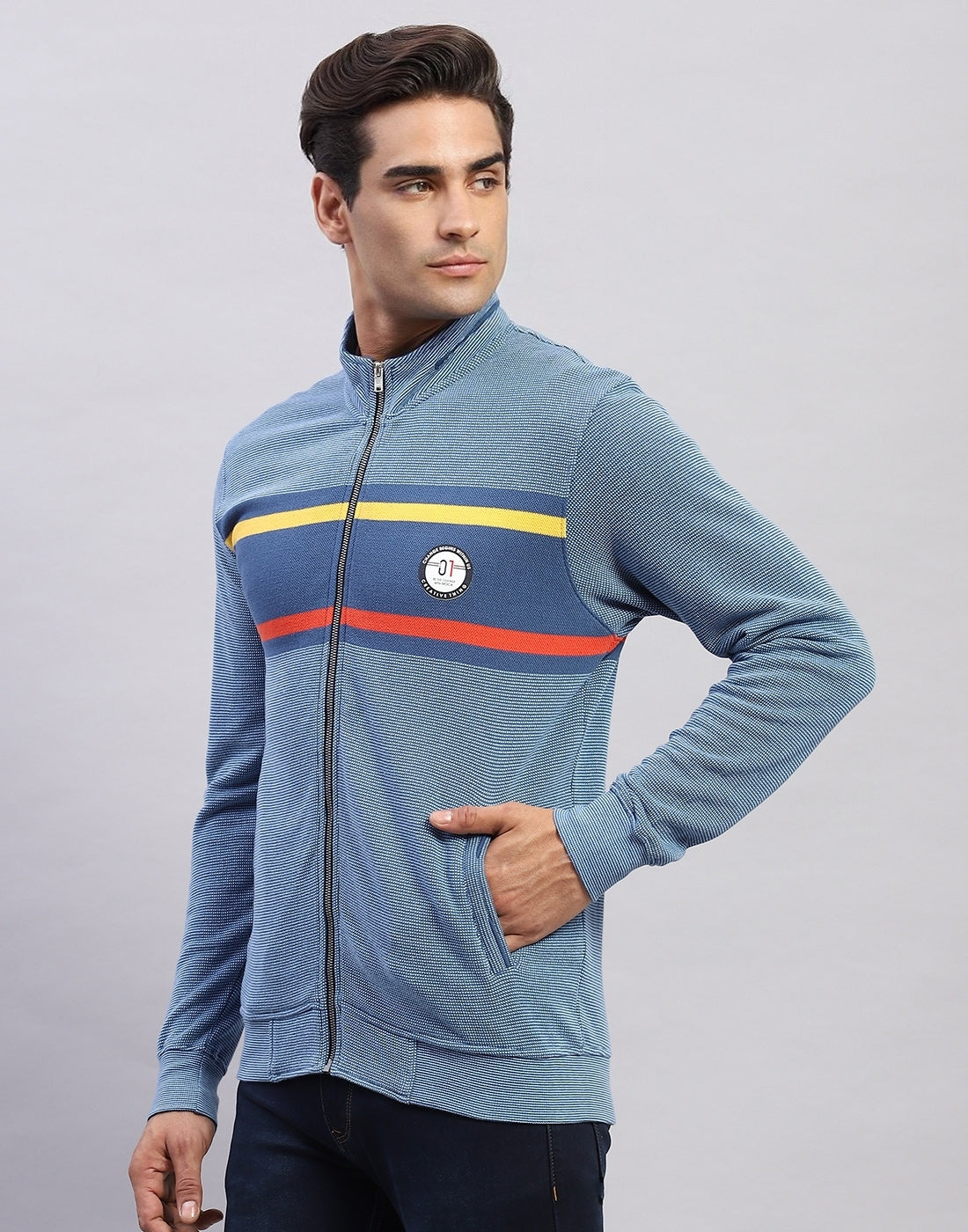 Men Blue Solid Mock Neck Full Sleeve Sweatshirt