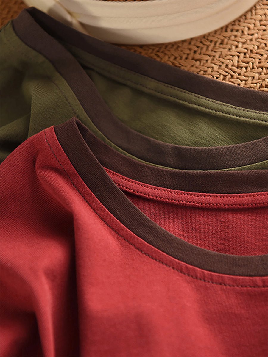 Women Summer Colorblock O-Neck 100%Cotton Shirt