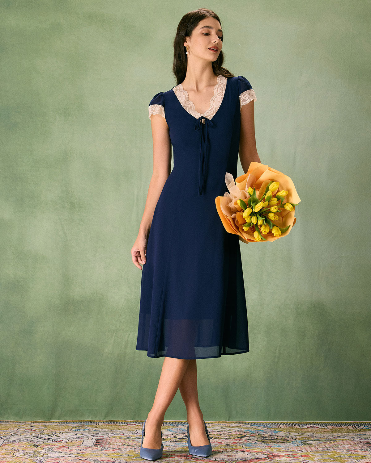 The Navy V-Neck Lace Trim Midi Dress