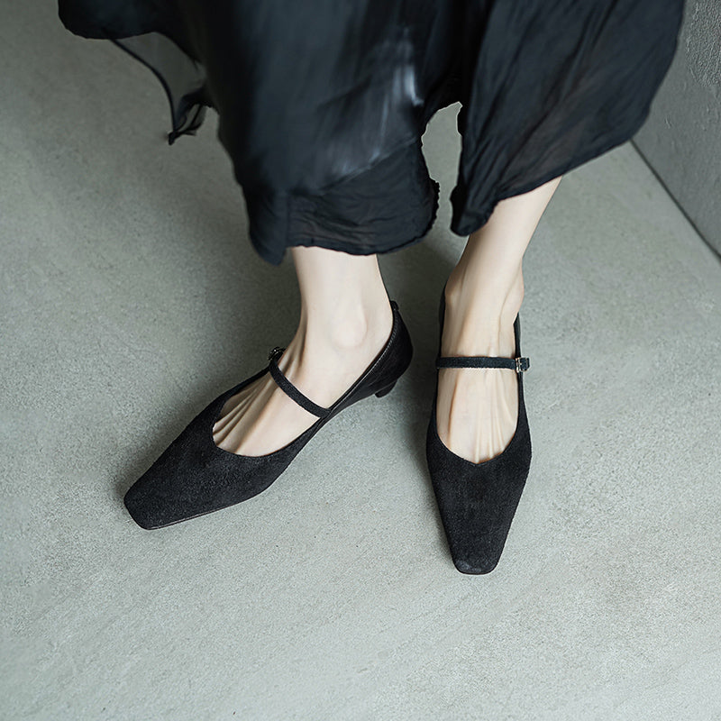 Elegant Washed Horsehide Nubuck Mary Jane Shoes Buckle Strap Causal Pumps in Red/Black/Caramel