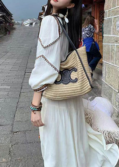 Elegant White Wrinkled Patchwork Cotton Long Dress Bracelet Sleeve