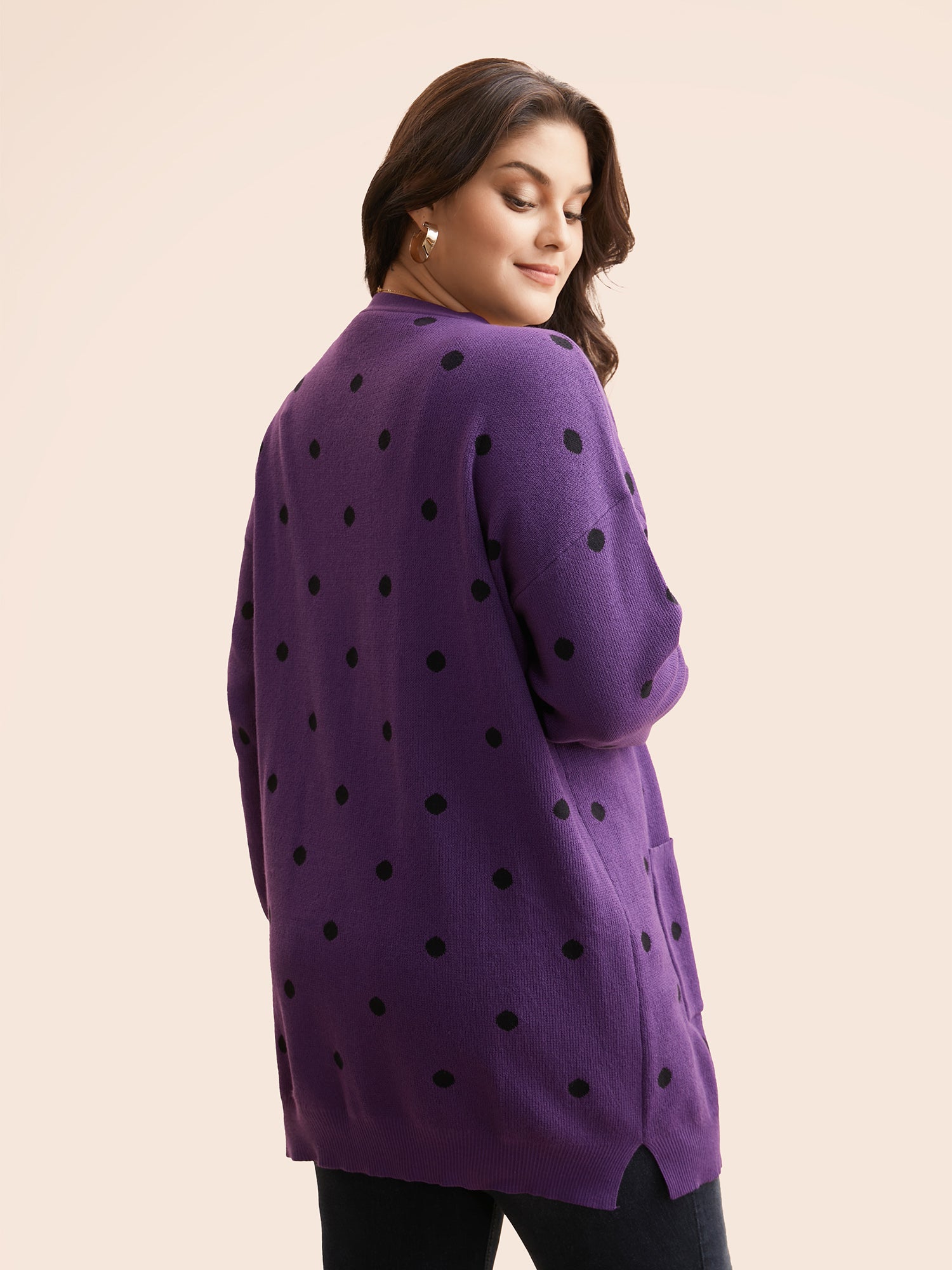 Polka Dot Kimono Collar Patch Pocket Cardigan