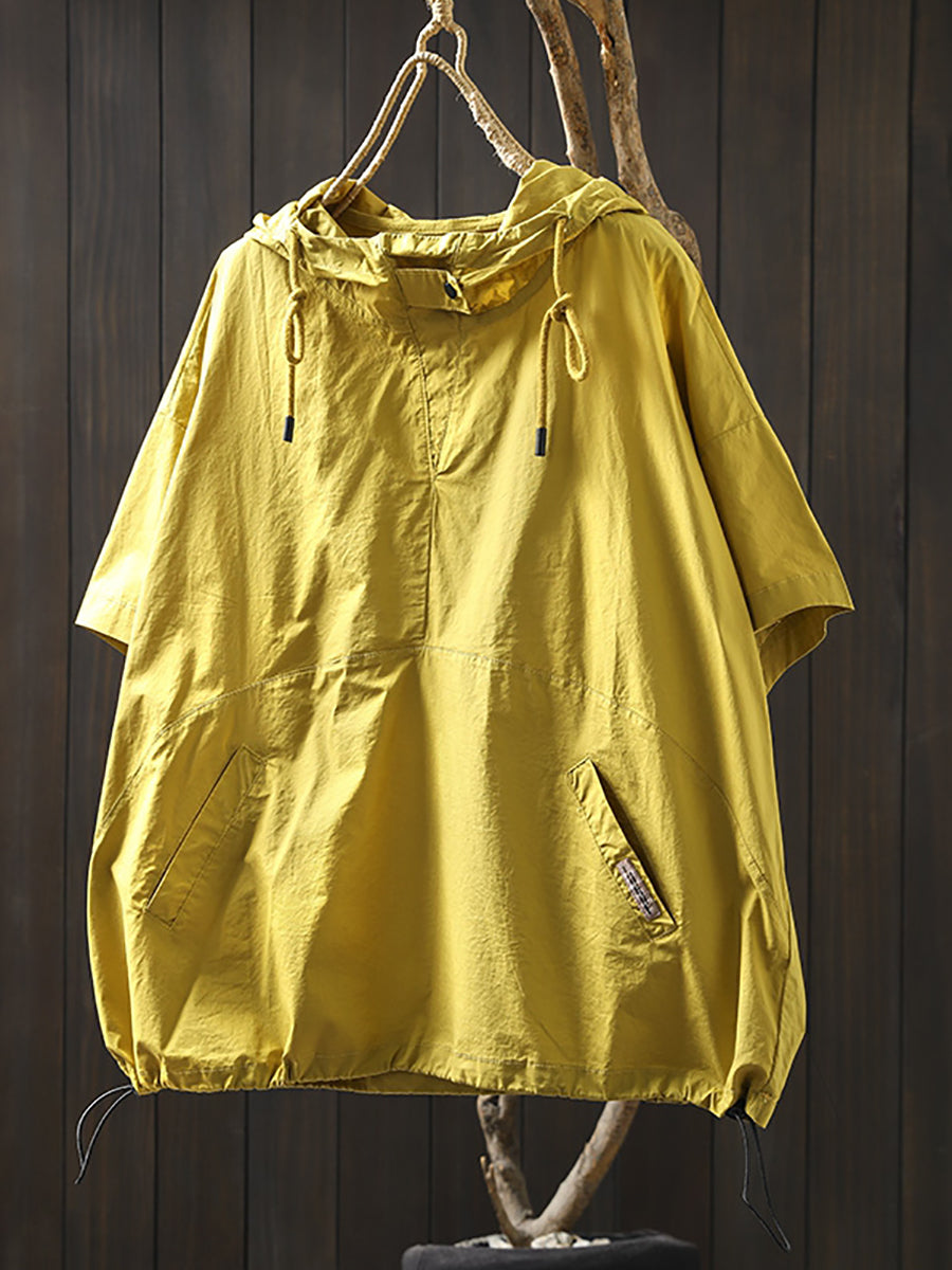 Women Summer Casual Pure Color Hooded Cotton Shirt