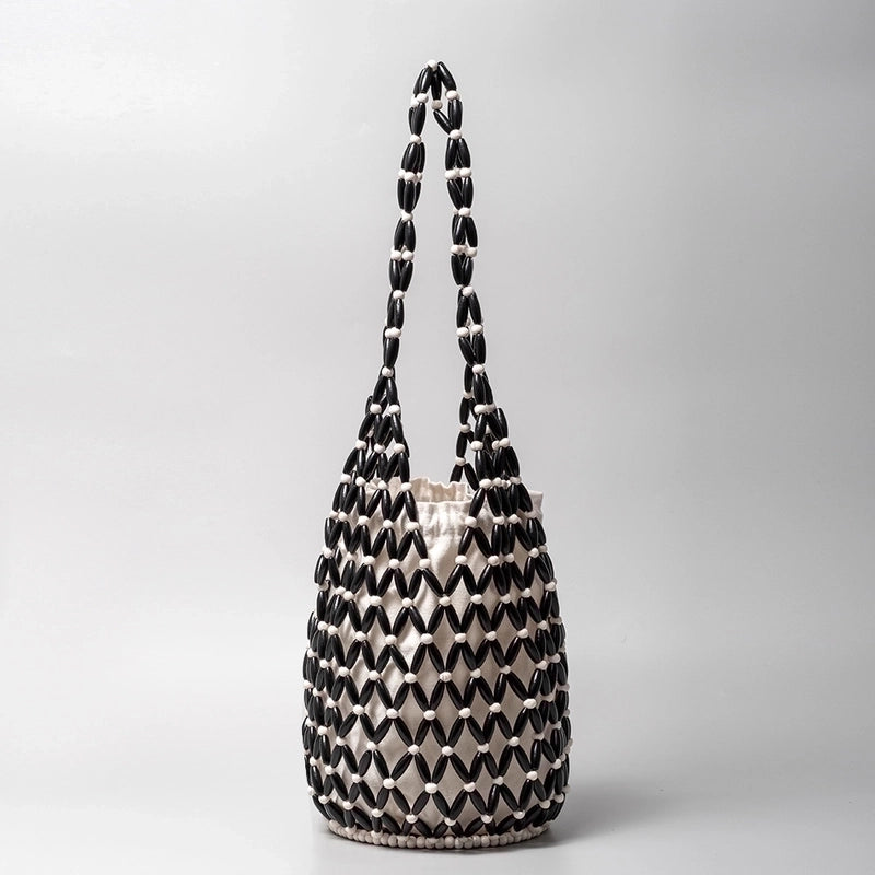 Women's Medium Wooden Beads Polyester Cotton Color Block Basic Vacation Open Straw Bag