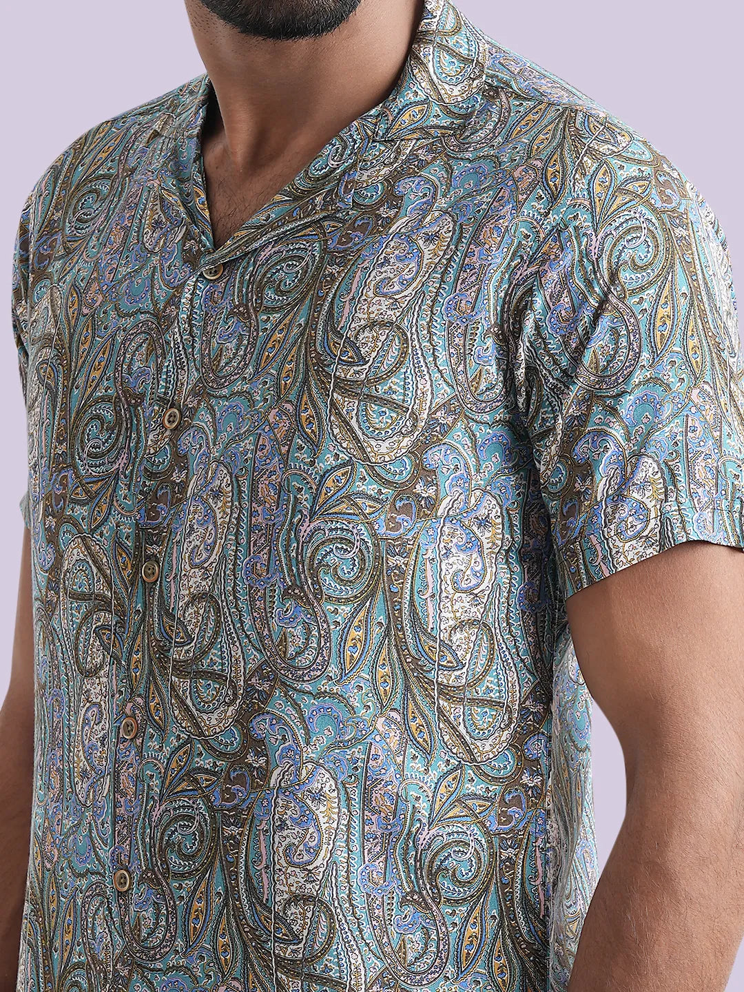 Men's Lapel Collar Casual Half Sleeve Shirt in Multi Print