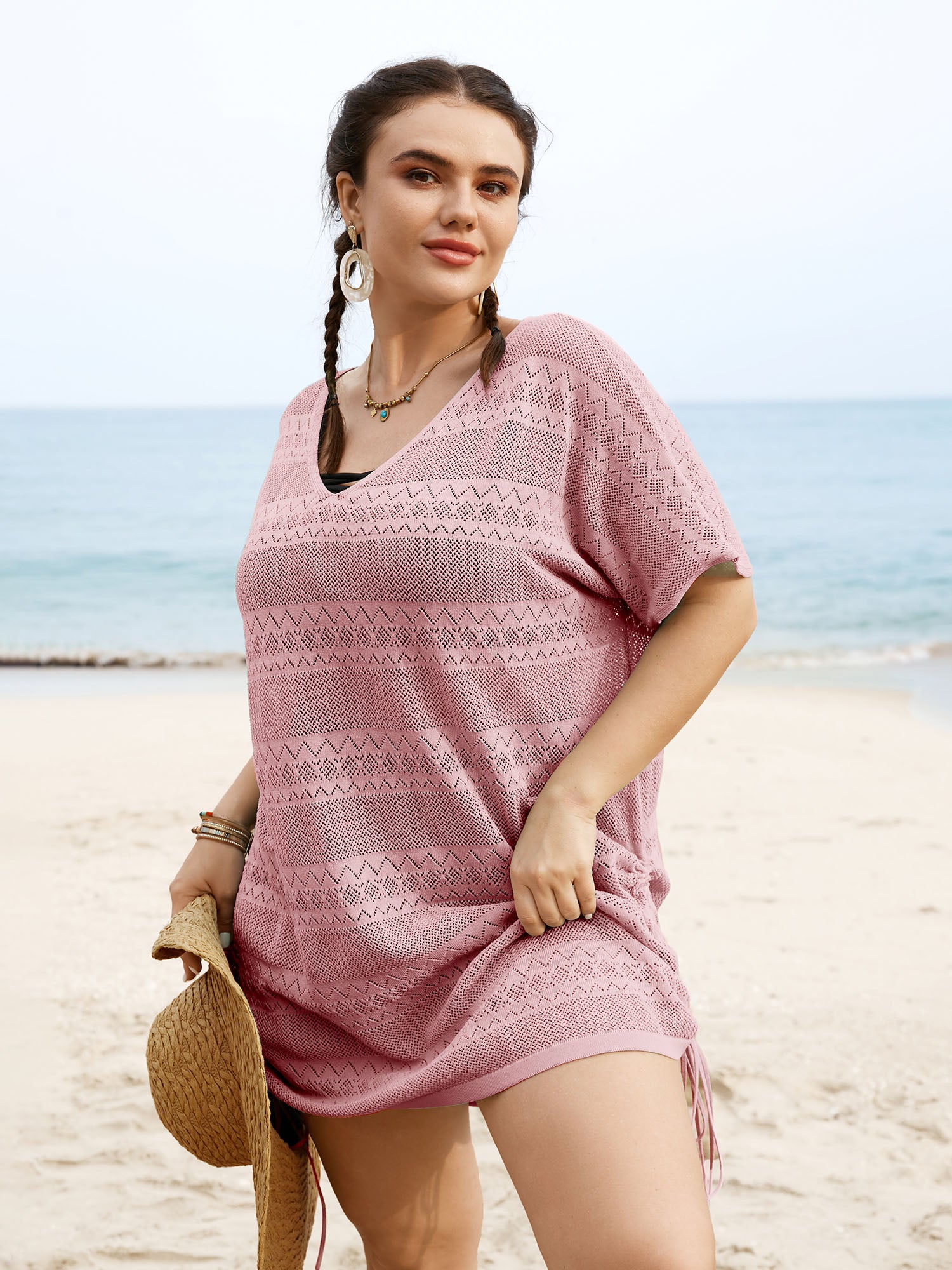 Deep V Neck Cut Out Drawstring  Swim Cover Up