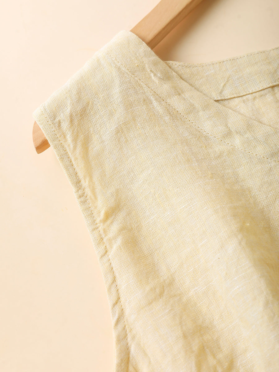 Women Summer Casual Pure Color 100%Linen V-Neck Vest